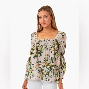 TUCKERNUCK Blush Meadows Tilly Puff Sleeve Blouse Pink Floral Print Top Size M